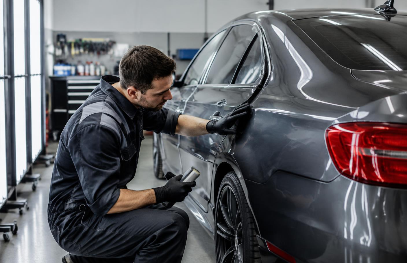 Technician inspecting a vehicle quarter panel during professional auto body repair