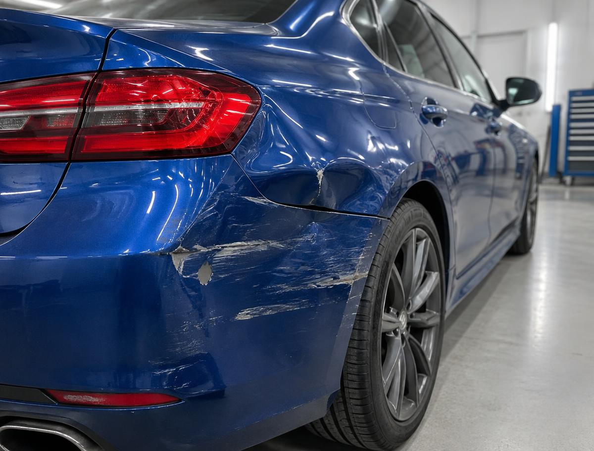 Deep blue sedan with a creased and scraped rear quarter panel before auto body repair