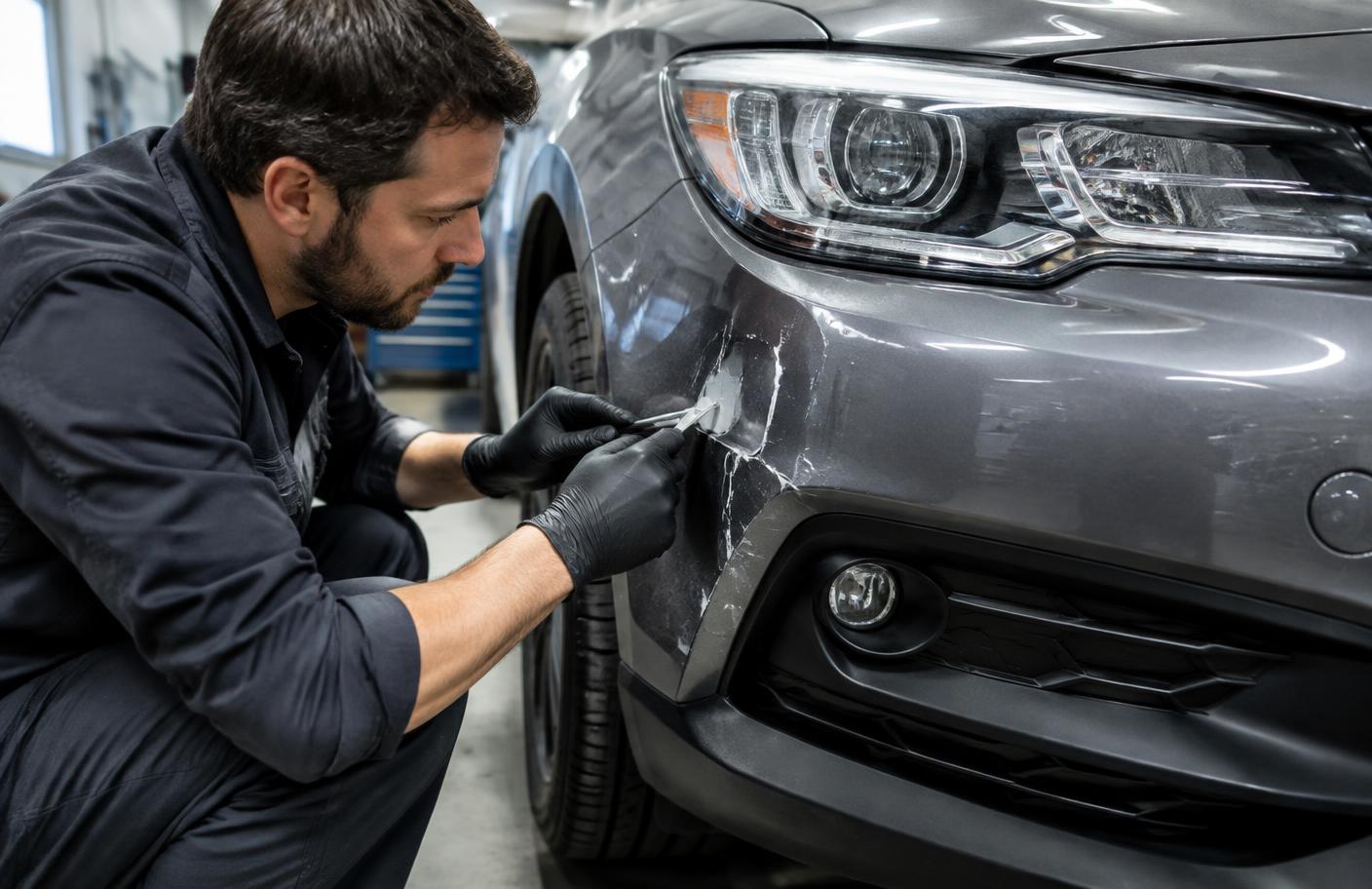 Technician repairing damage on a vehicle bumper in a professional reconditioning shop