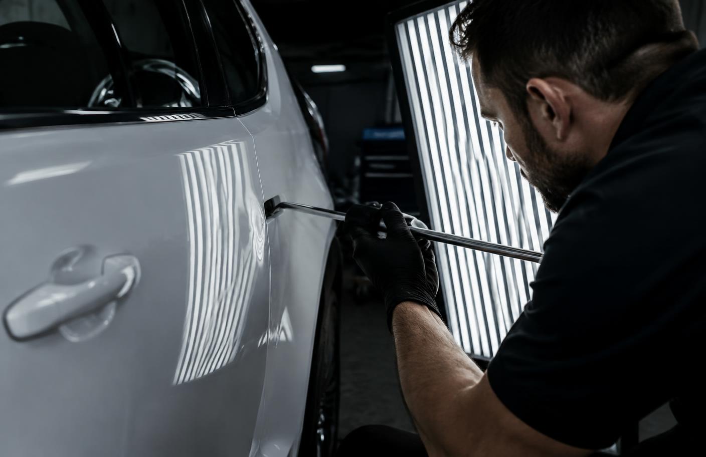 Technician performing paintless dent repair on a body panel