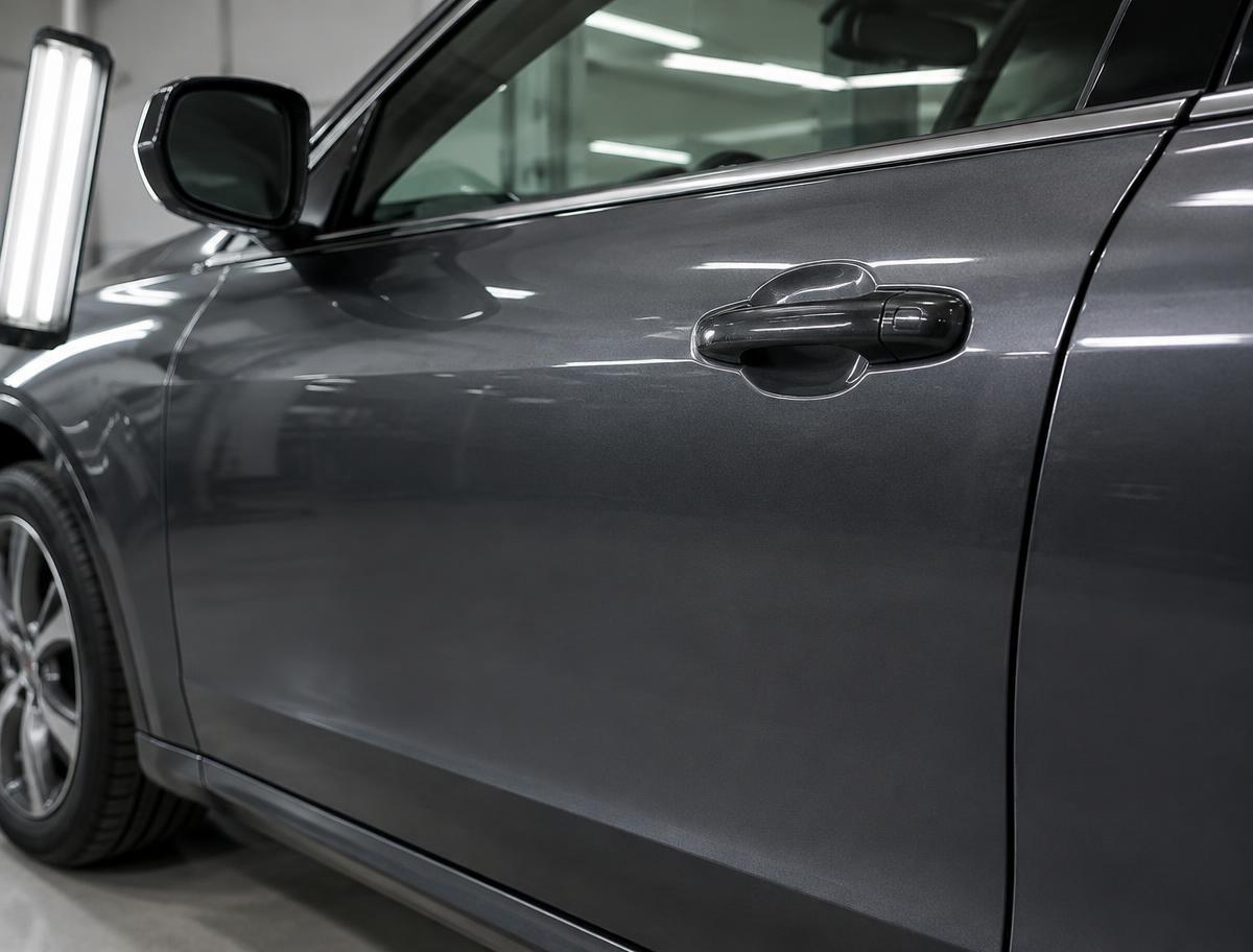 Charcoal car door restored to a smooth factory finish after paintless dent repair