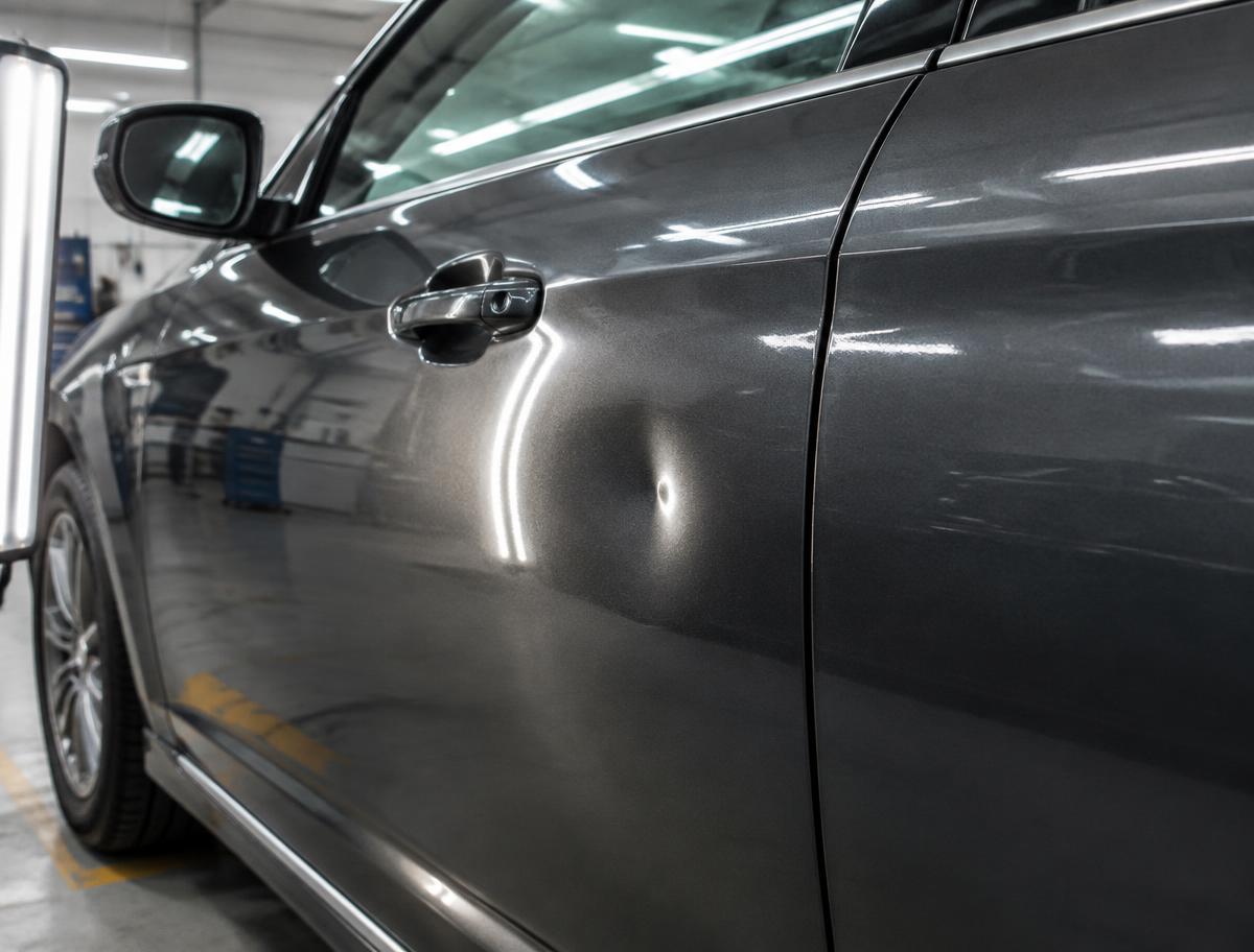Charcoal car door with a visible shallow dent before paintless dent repair